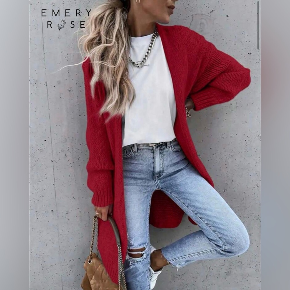 Red Open-Front Longline Knit Cardigan